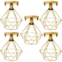 5 Lustres Teto Plafon Industrial Aramado Diamante Retrô Luminária Sobrepor Vintage Dourado