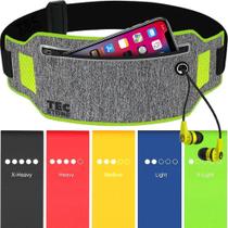 5 Mini Band Elástico + Pochete Cinza Impermeável Para Exercícios Porta Celular Academia Fit