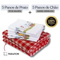 5 Pano Chão Vermelhos Xadrez + 5 Panos De Prato Pé Galinha