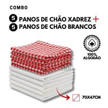5 Panos de Chão Xadrez Vermelhos 70x47cm + 5 Panos de Chão Brancos Alvejados Duplos Grandes