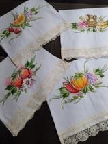 5 Panos De Prato Pintado a Mão Com Bordado Inglês Largo