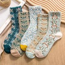 5 Pares de Meias Femininas Estilo Retro Finas Personalizadas De Algodão De Renda 5 Pares de Meias Femininas Estilo Retro Finas Personalizadas De Algodão De Renda