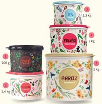 5 Peças - arroz + feijão + café + açúcar + sal - Conj. Mantimentos Floral - Tupperware