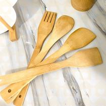 5 Peças Colheres Madeira Bambu Com Suporte Culinaria Chique