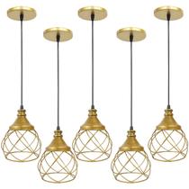 5 Pendente Aramado Esfera Balonê Dourado Lustre Luminária Teto Regulável Sala Cozinha Industrial Agp