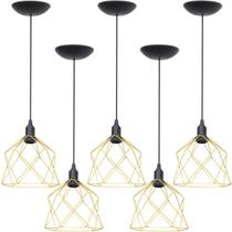 5 Pendentes Aramado Cálice Luminária Lustre Teto Retrô Vintage Industrial Balcão Dourado