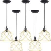 5 Pendentes Aramado Cálice Luminária Lustre Teto Retrô Vintage Industrial Balcão Dourado