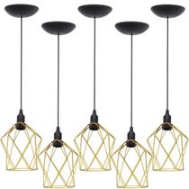 5 Pendentes Aramado Cálice P Luminária Lustre Teto Retrô Vintage Industrial Balcão Dourado