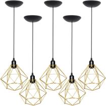 5 Pendentes Aramado Diamante Luminária Lustre P Teto Retrô Vintage Industrial Balcão Dourado