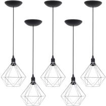 5 Pendentes Aramado Diamante Luminária Lustre P Teto Retrô Vintage Industrial Balcão Prata