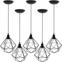 5 Pendentes Aramado Diamante Luminária Lustre P Teto Retrô Vintage Industrial Balcão Preto