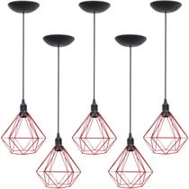 5 Pendentes Aramado Diamante Luminária Lustre P Teto Retrô Vintage Industrial Balcão Vermelho