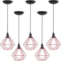 5 Pendentes Aramado Diamante Luminária Lustre P Teto Retrô Vintage Industrial Balcão Vermelho