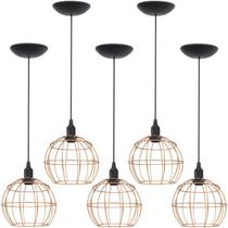 5 Pendentes Aramado Globo Luminária Lustre Teto Retrô Vintage Industrial Balcão Cobre Rose Gold