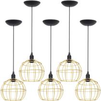 5 Pendentes Aramado Globo Luminária Lustre Teto Retrô Vintage Industrial Balcão Dourado