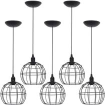 5 Pendentes Aramado Globo Luminária Lustre Teto Retrô Vintage Industrial Balcão Preto