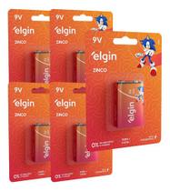 5 Pilhas Bateria 9v Zinco Carvão Elgin Lanterna Relógio