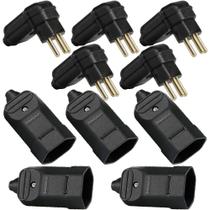 5 Plug Macho 90 Graus Prensa Cabos + 5 Tomada Femea 3 Pinos 10a Preto