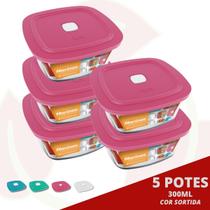 5 Pote de Vidro Quadrado c/ Tampa Sortida Marinex 300ML