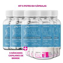 5 potes bella hair vitamin caps menos queda, mais cabelo ácido hialurônico + peptídeos de colágeno + 5 máscaras capilare