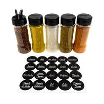 5 Potes Tempero Condimentos De Plástico 130ml Tampa Dosadora Dupla + Etiquetas