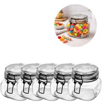 5 Potes Vidro 550ml Hermético Vintage Preto Organização