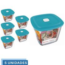 5 Potes Vidro Facilita Quadrado Alto Com Tampa 1L Marinex