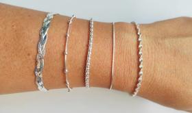 5 Pulseiras Trançada Bola Pipoca Veneziana Torcida Prata 925