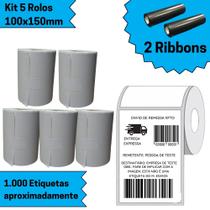 5 Rolos Etiqueta Couche 10x15 100x150 + 2 Ribbons Zebra Kit