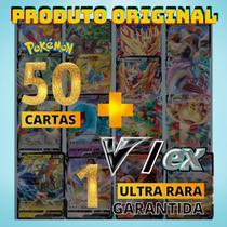 50 Cartas Pokemon Original Sem Repetições Com 02 RARAS Brilhantes + 01 ULTRA RARA V ou EX Garantida