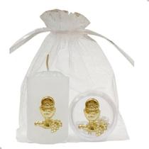 50 Kit Vela Votiva + Porta Terço Eucaristia Dourado