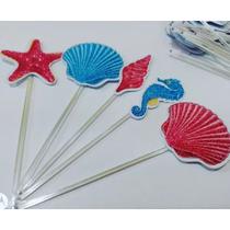 50 topper tag plaquinha para doces festa aniversário comemoração fundo do mar concha cavalo marinho azul e rosa