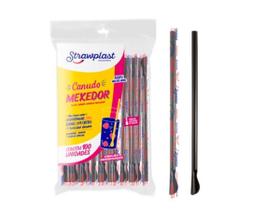 500 Canudo Colher Mexedor Drink Preto Strawplast