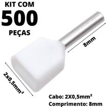 500un Terminal Tubular Ilhós Pré-isolado Duplo Para Cabo de 0,50mm² Metal 8mm Branco TE0508