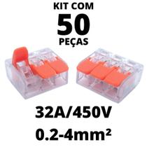 50un Conector Elétrico Emenda Derivação Para Iluminação 3 vias 4mm² 32A/450V Laranja