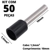 50un Terminal Tubular Ilhós Pré-isolado Simples Para Cabo de 1,5mm² Metal 10mm Preto E1510