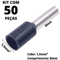 50un Terminal Tubular Ilhós Pré-isolado Simples Para Cabo de 1,5mm² Metal 8mm Preto E1508