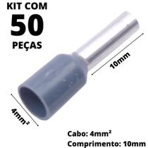 50un Terminal Tubular Ilhós Pré-isolado Simples Para Cabo de 4mm² Metal 10mm Cinza E4010
