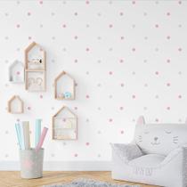 54 Adesivos de parede para decoração bolinhas Poá cinza claro e rosa claro 3cm
