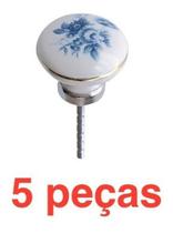 (5pçs) Puxador Porcelana Floral Azul Moveis 35mm 85-06