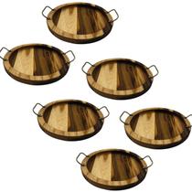 6 Bandeja Redonda De Madeira Teca Com Alça Para Servir 6 Bandeja Redonda De Madeira Teca Com Alça Para Servir