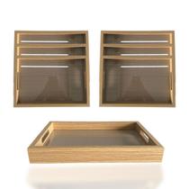 6 Bandejas Retangular Madeira Fundo Treliça e Acrílico 32cm