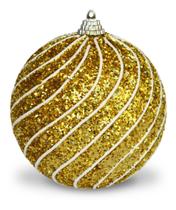 6 Bolas De Natal Luxo 10cm - Ouro Glitter Ondas Brancas - Fitas e Festas