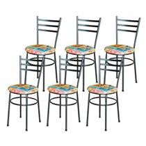 6 Cadeiras Epoxi Preta Craqueada Para Cozinha Assento Floral