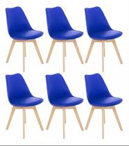 6 Cadeiras Estofada Leda Base Madeira Eames Cozinha Azul Bic