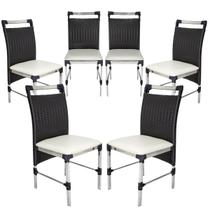 6 Cadeiras Veneza Fibra Sintética cor Preto Alumínio com Assento Estofado Branco