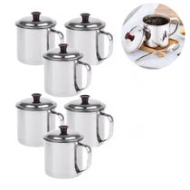 6 Canecas com Tampa Em Metal Inox 400ml Leite Chá Café