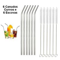 6 Canudos Aço Inox Metal Reutilizáveis + 6 Escovas de Limpeza - Curvos 20,5cm