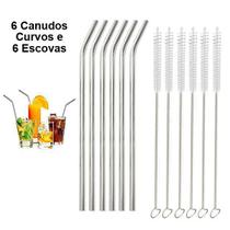 6 Canudos Aço Inox Metal Reutilizáveis + 6 Escovas de Limpeza - Curvos 20,5cm - Aycaramba