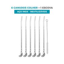 6 Canudos Colher Bailarina de Aço Inox 22cm com Escova de Limpeza